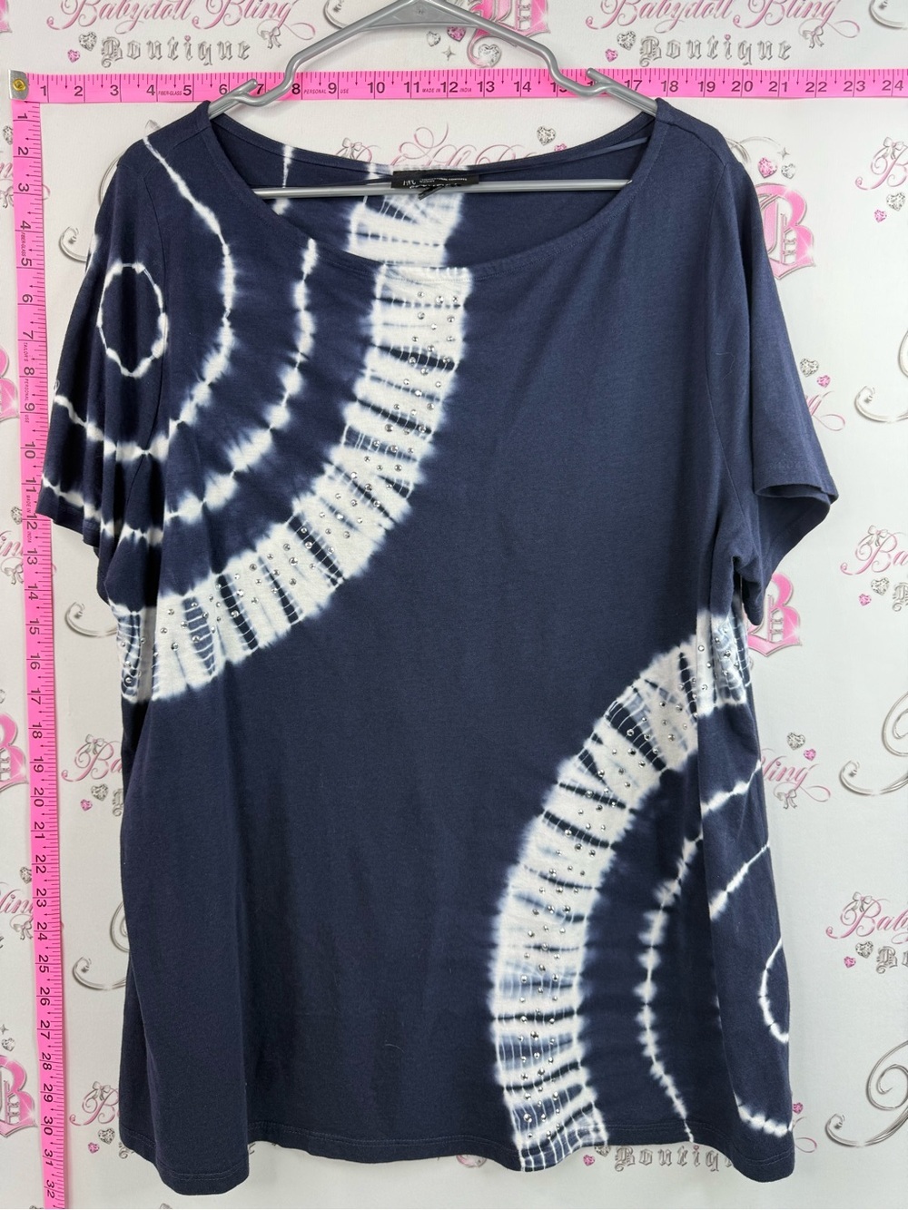 INC International Concepts T-shirt Navy and White Tie-Dye Short Sleeve Top